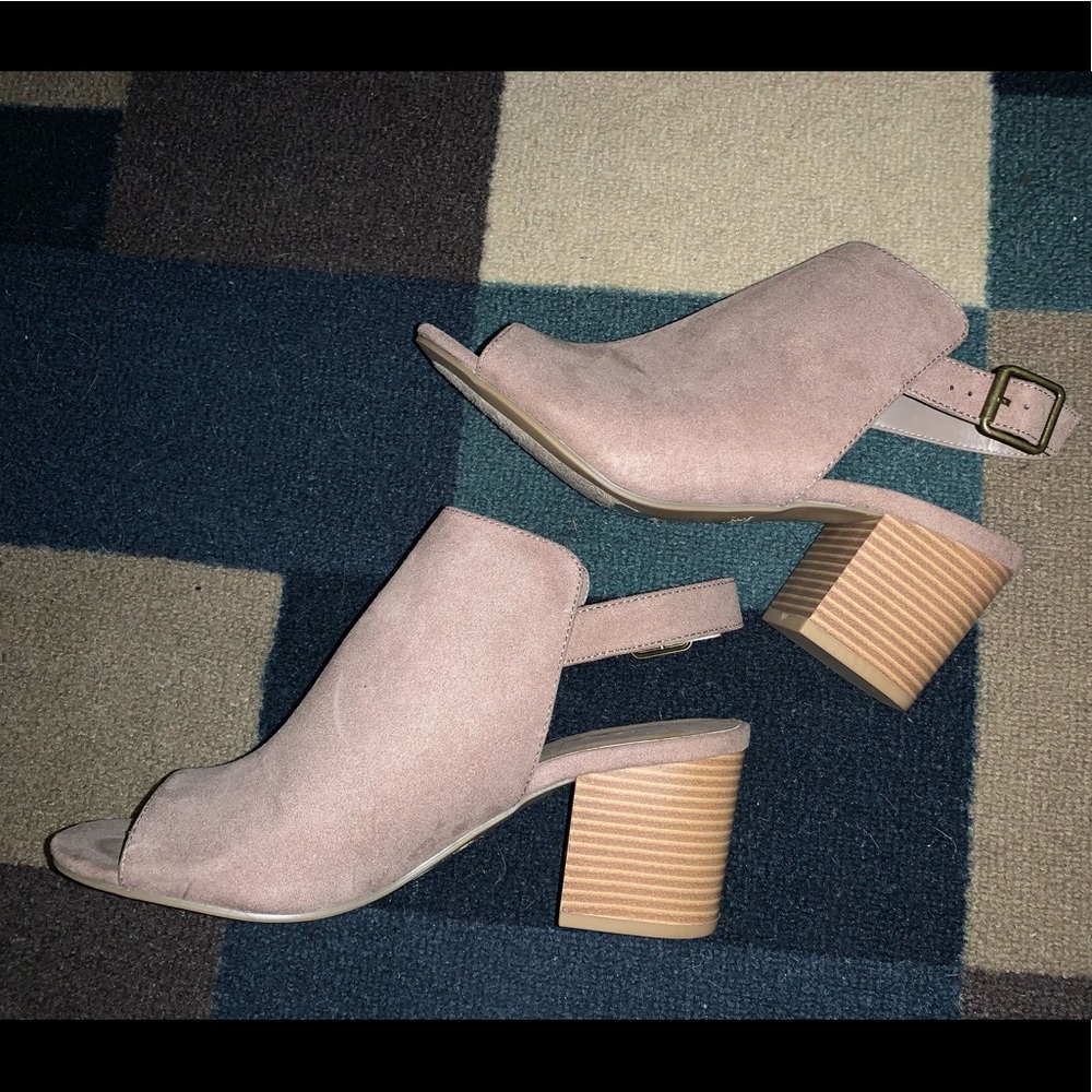 Beige, wooden heel, buckle strap—unworn.